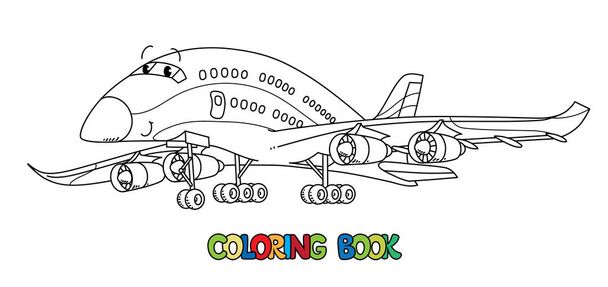 Funny airliner plane with eyes. Coloring book - Vector, Image