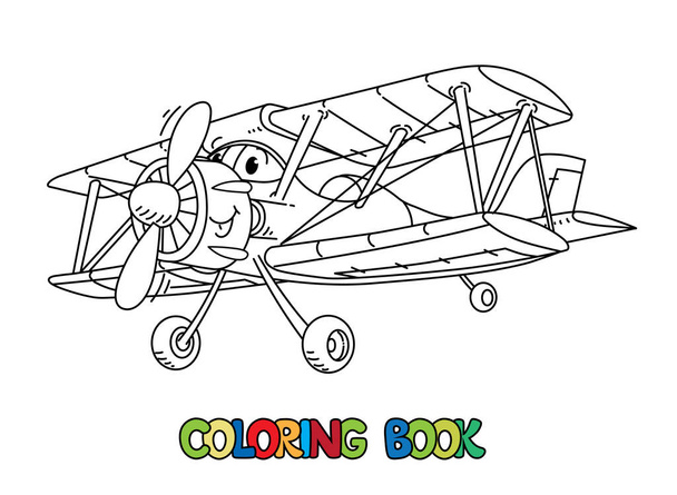 Funny biplane with eyes. Airplane coloring book - Vector, Image