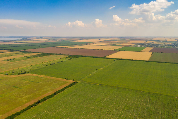 Muster abstrakter Felder, Luftaufnahme. Landwirtschaftliche Felder unter bewölktem Himmel. - Foto, Bild