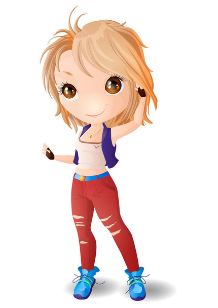 A blonde Chibi girl in red jeans and blue sneakers. - Vector, Image