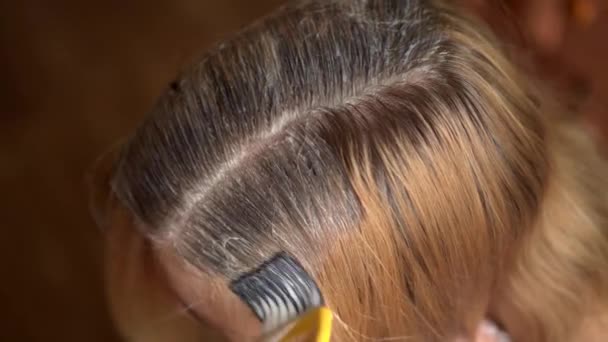 美容師は若い女性の髪の根を死んでいる. - 映像、動画