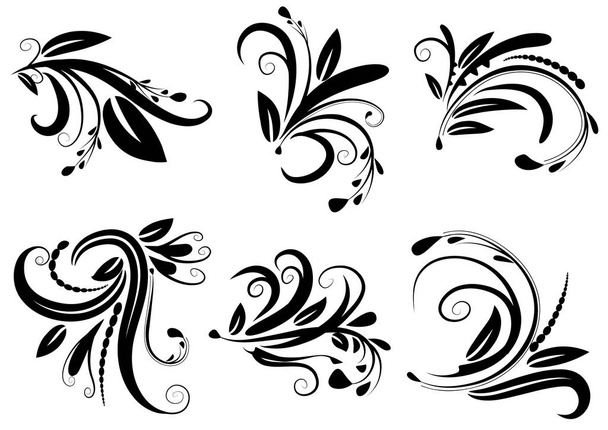 set of black and white floral elements - Vector, Imagen
