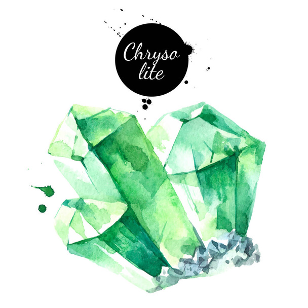 Watercolor hand drawn chrysolite gemstone crystal mineral illustration. Vector painted sketch isolated on white background - Vector, Image
