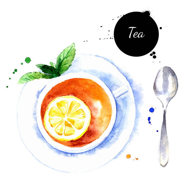 Watercolor hand drawn breakfast illustration of tea cup with lemon and mint. Vector painted sketch food isolated on white background - Vector, Image