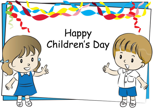 illustration of greeting card with a boy in front of a banner - ベクター画像