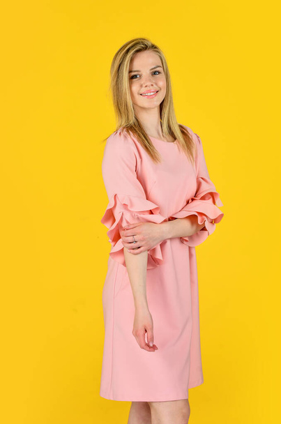 Girl wear pink frill sleeve dress fashion trend, summer collection concept - Valokuva, kuva