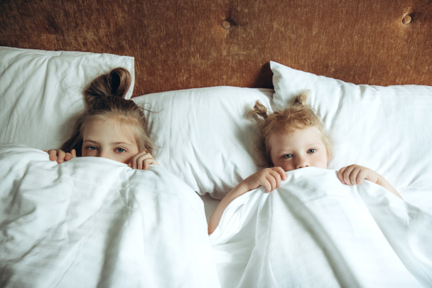 Zwei Kinder verstecken sich unter Bettdecke im Bett - Foto, Bild
