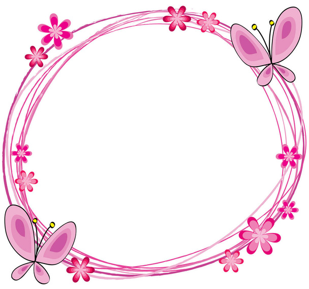 roze frame met bloemen en vlinders - Vector, afbeelding