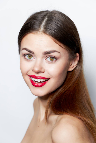 Lady clear skin Nude red lips smile charm  - Φωτογραφία, εικόνα
