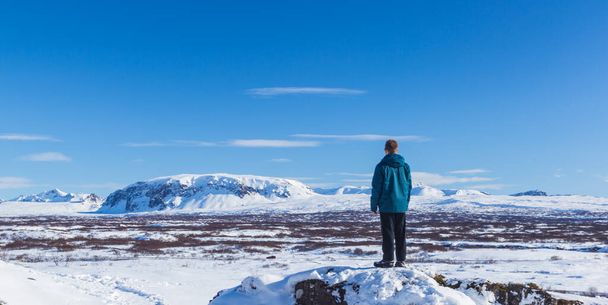 A person standing on a rock and looking at ice under the sunlight in Iceland - Foto, Imagem
