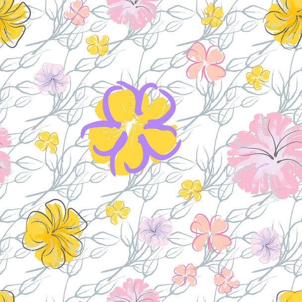 Pink Flowers Blooming Pattern. Pastel Watercolor. - Vetor, Imagem