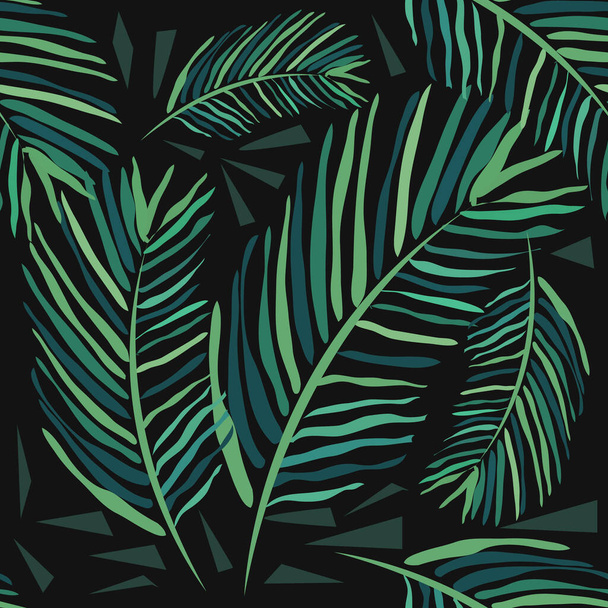 Seamless pattern with tropical leaves on a dark background. Palm trees and monstera. Hand-drawn watercolor background. - Vektor, Bild