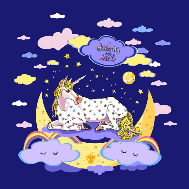 Beautiful lying unicorn with crescent, clouds, stars, rainbows isolated on the blue background. Vector illustration - Vektor, obrázek