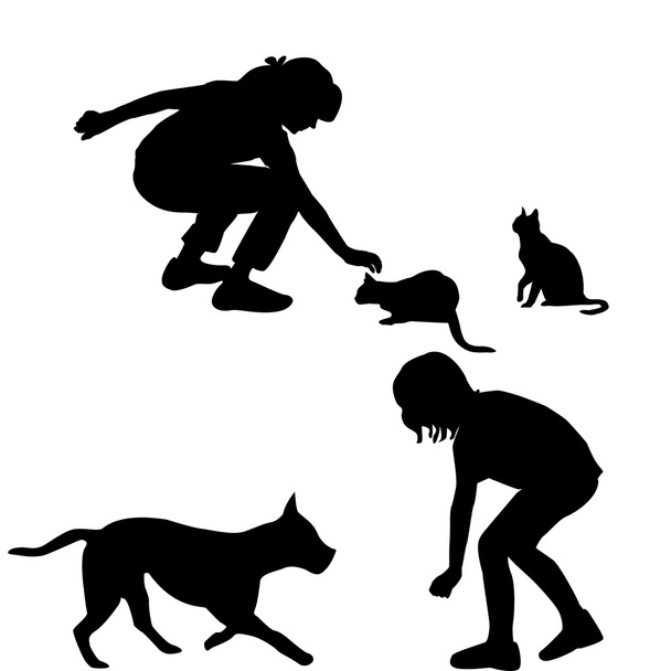 kinderen silhouetten spelen met huisdieren - Foto, afbeelding