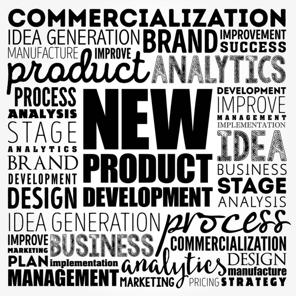 Nuevo desarrollo de productos palabra nube collage, fondo concepto de negocio - Foto, imagen
