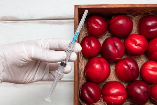 Hand in medical gloves holding a syringe with injection. In the background is a wooden box with nectarines. The concept of GM foods, vegetables and fruits rainbow. - Photo, image