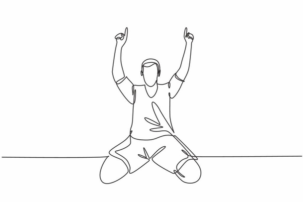 Jedna čára kreslení mladý fotbalista ukazuje prsty k obloze slaví své brankové skóre na hřišti. Zápas cíl oslavy koncepce kontinuální kreslení návrhu vektoru ilustrace - Vektor, obrázek