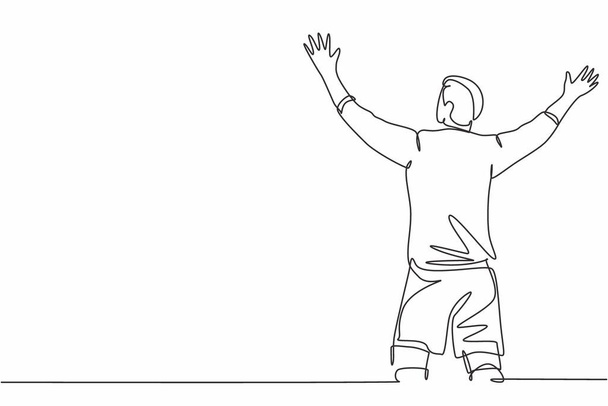 Jedna souvislá kresba mladého sportovního fotbalisty, který rozpřahuje paže a hlasitě křičí na hřišti. Zápas gól bodování oslavy koncepce jednořádkové kreslení návrhu vektorové ilustrace - Vektor, obrázek