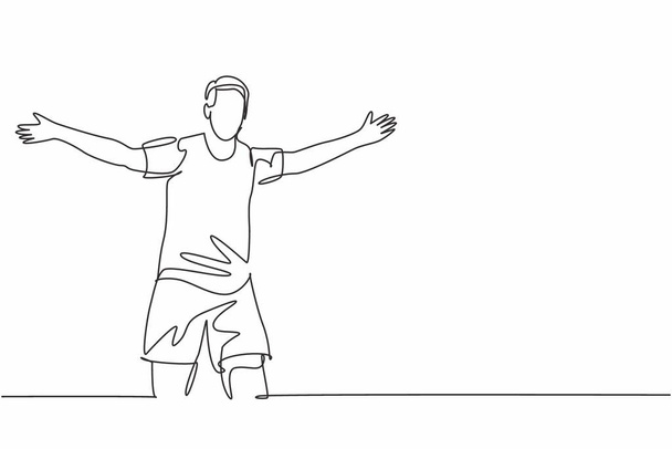 Single continuous line drawing of young sporty football player running around the stadium and spreading his arm on field. Match soccer goal celebration concept one line draw design vector illustration - Vector, Image