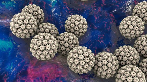 Wirus brodawczaka ludzkiego, wirus powodujący brodawki, niektóre szczepy infekują genitalia i mogą powodować raka szyjki macicy, ilustracja 3D - Zdjęcie, obraz