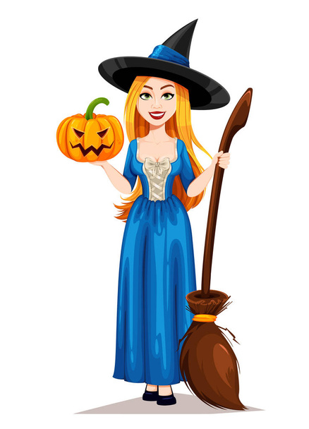 Счастливого Хэллоуина. Прекрасный персонаж из мультфильма про ведьм с метлой и тыквой. Векторная иллюстрация на белом фоне - Вектор,изображение