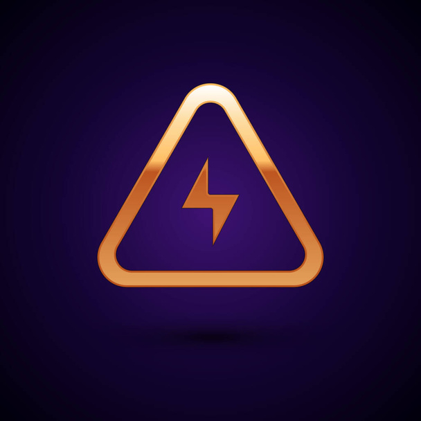 Gold High voltage icon isolated on black background. Danger symbol. Arrow in triangle. Warning icon.  Vector. - Vector, Image