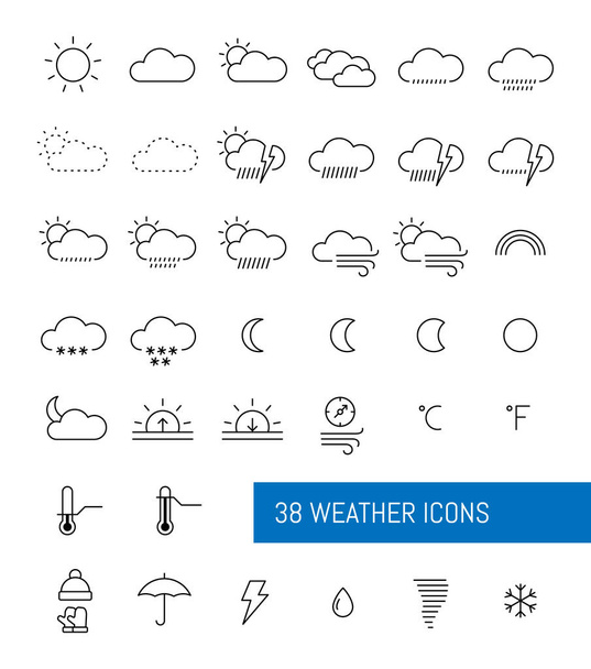Conjunto de iconos meteorológicos de línea delgada. Ilustración vectorial. - Vector, Imagen