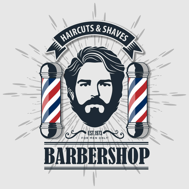 Logotipo de barbearia, cartaz ou conceito de design de banner com poste de barbeiro. Ilustração vetorial - Vetor, Imagem
