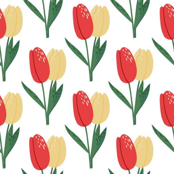 Elszigetelt fényes tavaszi varrat nélküli tulipán minta. Virág sziluettek piros és sárga rügyek fehér alapon. Tökéletes tapéta, textil, csomagolópapír, szövet nyomtatáshoz. Vektorillusztráció. - Vektor, kép