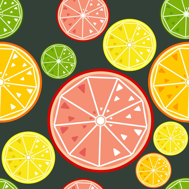 Векторный рисунок цитрусовых ломтиков лимона, апельсина, лайма и грейпфрута. Современный стиль, плоский. Витамин С бесшовный. - Вектор,изображение