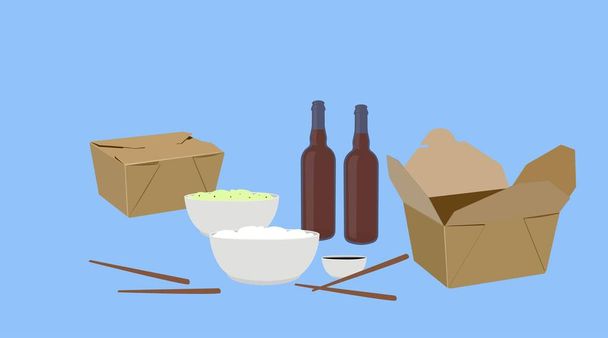 Απομονωμένη διανυσματική απεικόνιση των τροφίμων Take Away, με μπύρα - Διάνυσμα, εικόνα