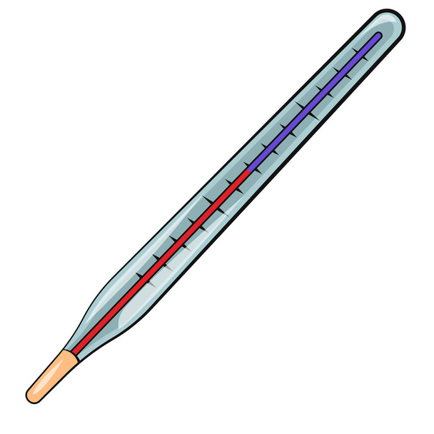 Thermometer medisch. Een glazen thermometer voor het meten van de temperatuur van het menselijk lichaam. Platte cartoon Vector illustratie. Koorts - Vector, afbeelding