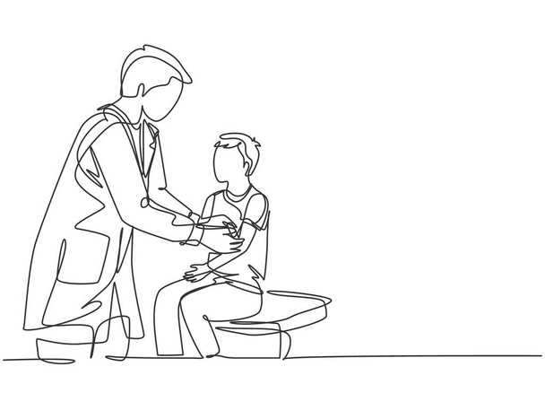 Un seul dessin de ligne du médecin masculin donnant un traitement d'aide médicale en attachant un bandage au patient blessé petit garçon. Illustration vectorielle de dessin de ligne continue de concept de traitement médical - Vecteur, image