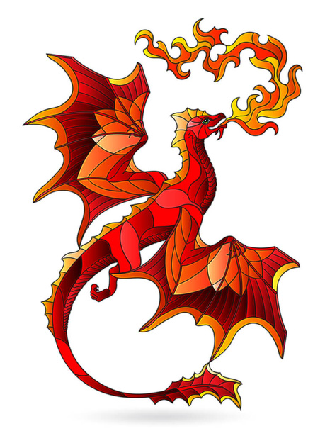 Ilustración en estilo vitral con un dragón rojo brillante aislado sobre un fondo blanco - Vector, imagen