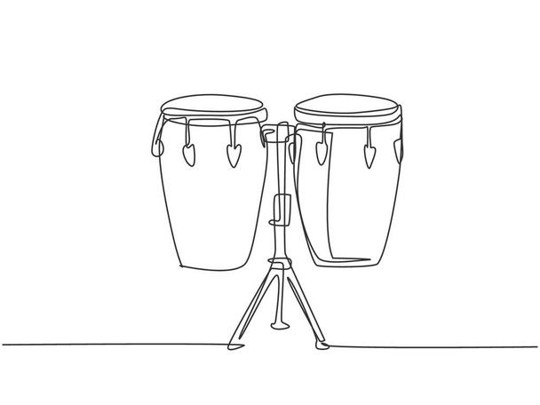 One continuous line drawing of traditional african ethnic drum, bongo. Percussion music instruments concept. Dynamic single line draw graphic design vector illustration - Vector, Image