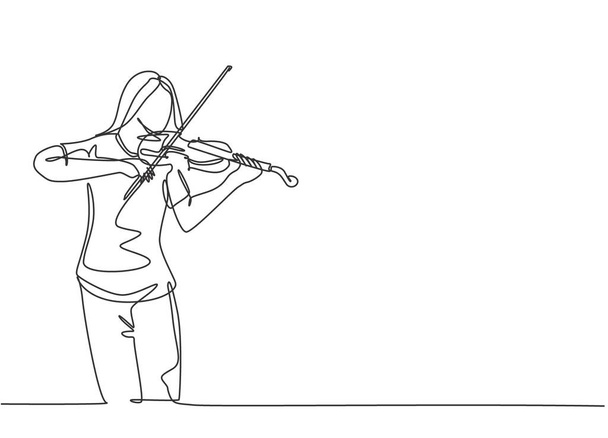 Одна сплошная линия рисунка молодой счастливой скрипачки, играющей на скрипке на концерте музыкального фестиваля. Концепция исполнения исполнителем одной линии рисунка графической векторной иллюстрации - Вектор,изображение