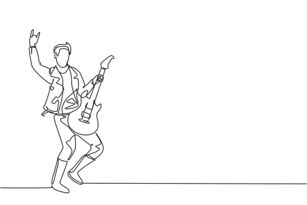 Одна линия рисунка молодого счастливого гитариста, играющего на электрогитаре на сцене музыкального фестиваля. Концепция перформанса музыканта непрерывная рисование векторной графической иллюстрации - Вектор,изображение