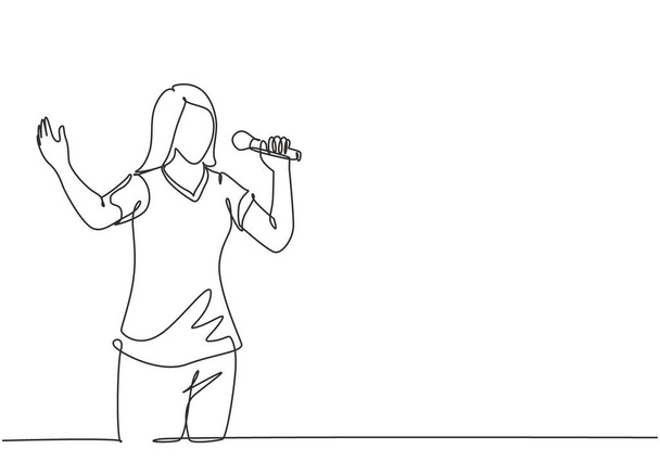 One continuous line drawing of young happy female singer holding a microphone and singing on music festival. Musician artist performance concept single line draw design graphic vector illustration - Vector, Image