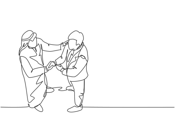 Единая сплошная линия рисования молодого владельца мусульманского бизнеса, пожимающего руку партнеру. Арабские бизнесмены с Ближнего Востока с шма, кандура, тауб, халат. Векторная иллюстрация - Вектор,изображение