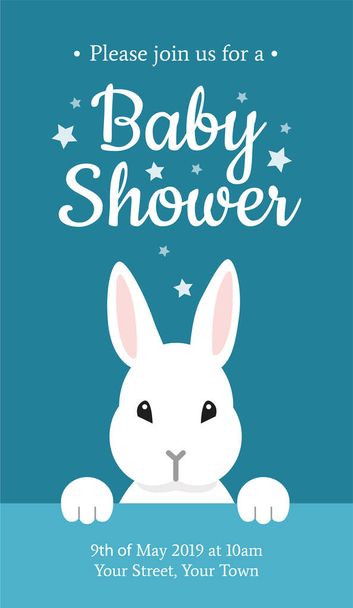 Baby Shower beautiful invitation card design template with cute white bunny rabbit on dark blue background. It's a boy! - Vector illustration - Vektor, Bild