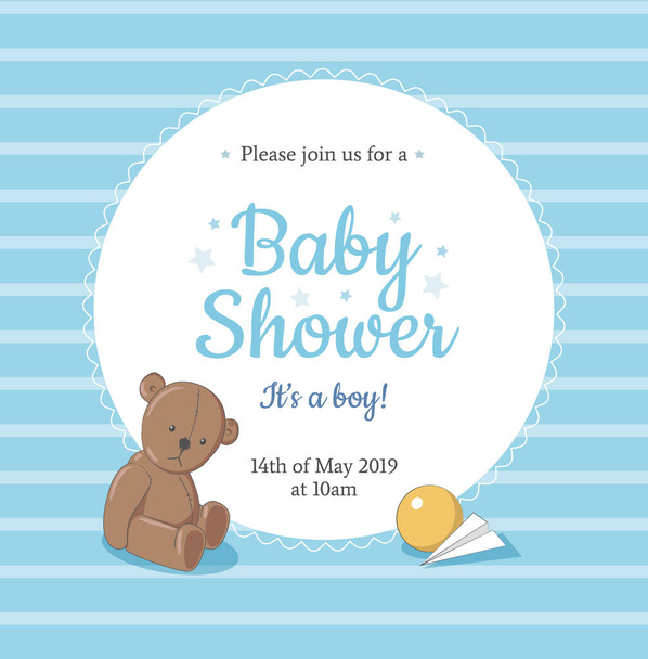 Baby Shower invitation card template design for Boy, with cute Teddy bear toy illustration, ball and paper plane on blue striped background. - Vector - Vektor, Bild