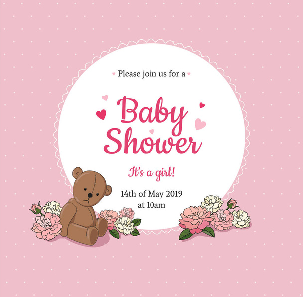Cute Baby Shower party invitation template with pink background, beautiful flowers and Teddy bear near the circle with text. - Vector illustration - Vektor, Bild