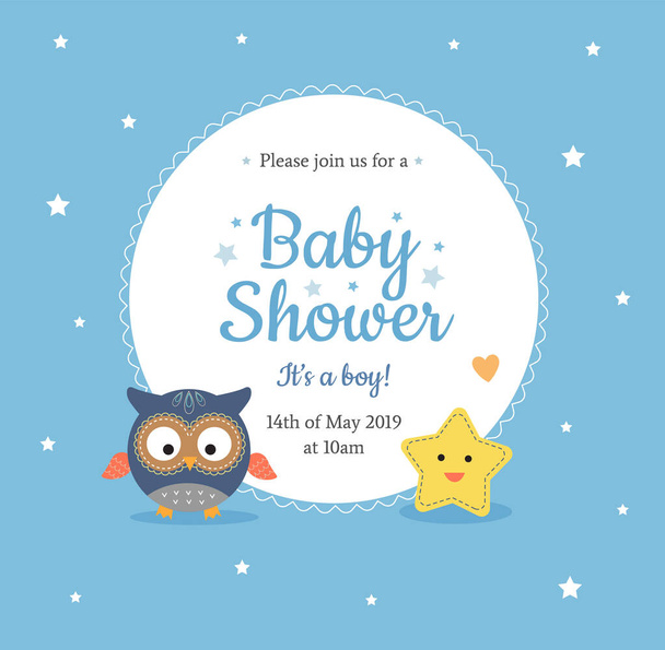 Cute Baby Shower invitation design for Boy with little owl and smiling star toy, with text in circle on blue background with stars. - Vector illustration - Vektor, Bild