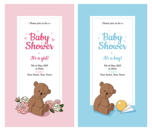 Set of Baby Shower invitations for Boy and for Girl with cute Teddy bear, stars and hearts, flowers and toys. - Vector illustration - Vektor, Bild