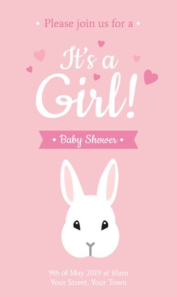 It's a Girl! Baby Shower party invitation template with cute white bunny and text on pink background. - Vector illustration - Vektor, Bild