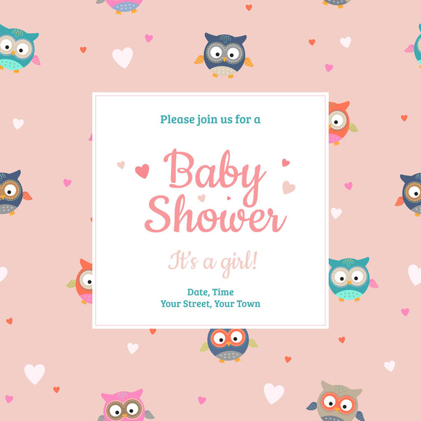 Baby Shower invitation design template. It's a girl card with cute little owls and hearts pattern on background. -  Vector illustration - Vektor, Bild