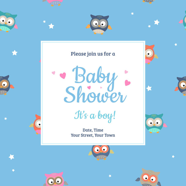 Baby Shower creative invitation design template. It's a Boy! Card with little owls and stars pattern on bluebackground. -  Vector illustration - Vektor, Bild