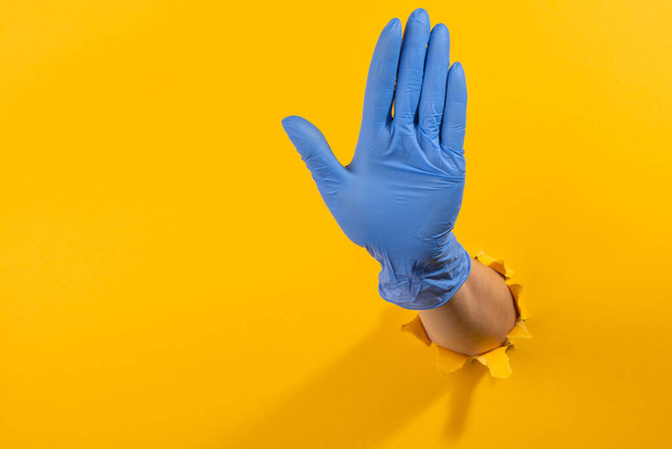 Hand in a latex glove showing a stop sign through torn yellow wall - Fotografie, Obrázek