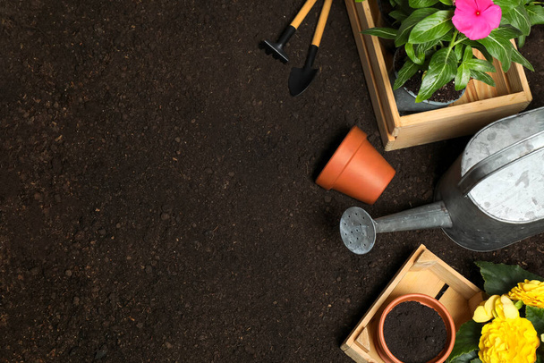 Flat lay composition with gardening tools and flowers on soil, space for text - Photo, image
