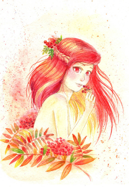 watercolor illustration of girl on autumn - Фото, зображення